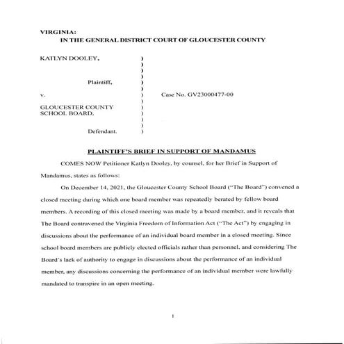 Dooley v Gloucester County School Board Plaintiff’s Brief In Support of Mandamus.pdf