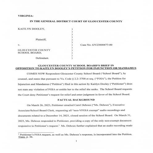 Dooley v Gloucester County School Board School Board’s Brief In Opposition To Plaintiff’s Petition for Mandamus.pdf