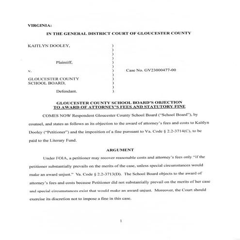 Dooley v Gloucester County School Board SCHOOL BOARD'S OBJECTION to fine and attorney's fees.pdf