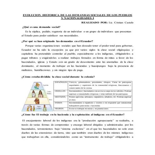 EVOLUCION HISTORICA DE LAS DEMANDAS SOCIALES DE LOS PUEBLOS Y NACIONALIDADES II