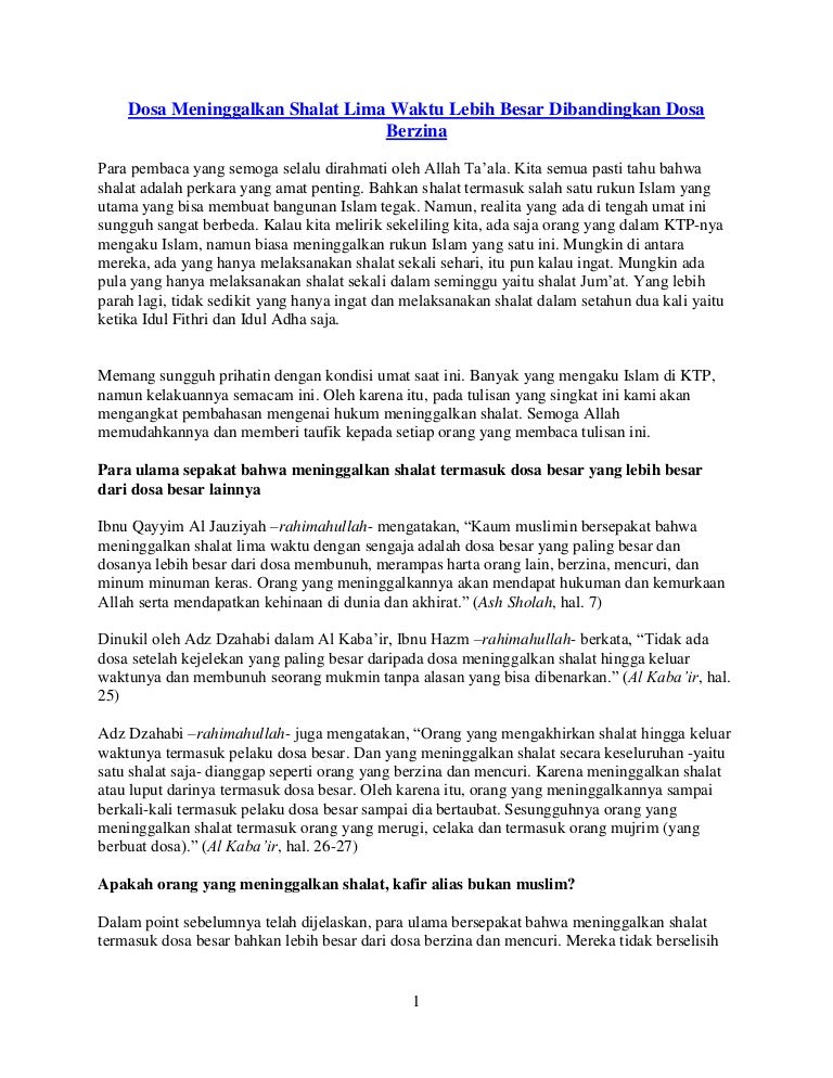 Dosa Meninggalkan Shalat Lima Waktu Lebih Besar Dibandingkan Dosa Ber
