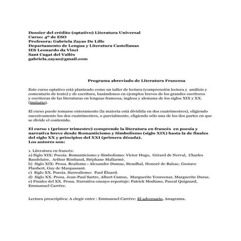 Dossier 1 de crédito literatura universal 4º de eso: Literatura Francesa