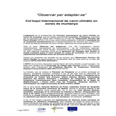 “Observar per adaptar-se”  Col•loqui Internacional de canvi climàtic en zones...