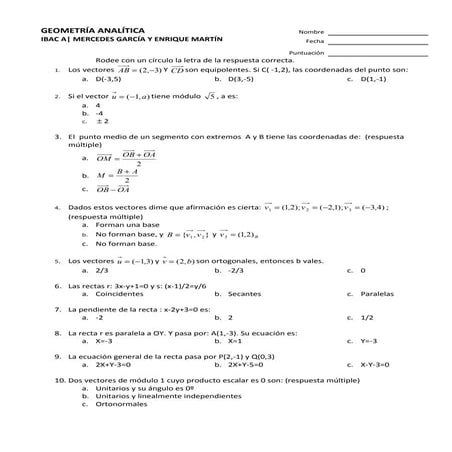 TEST SOBRE GEOMETRÍA ANALÍTICA.MATEMÁTICAS I