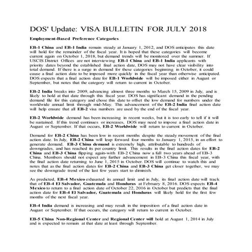 DOS' Update: VISA BULLETIN FOR JULY 2018
