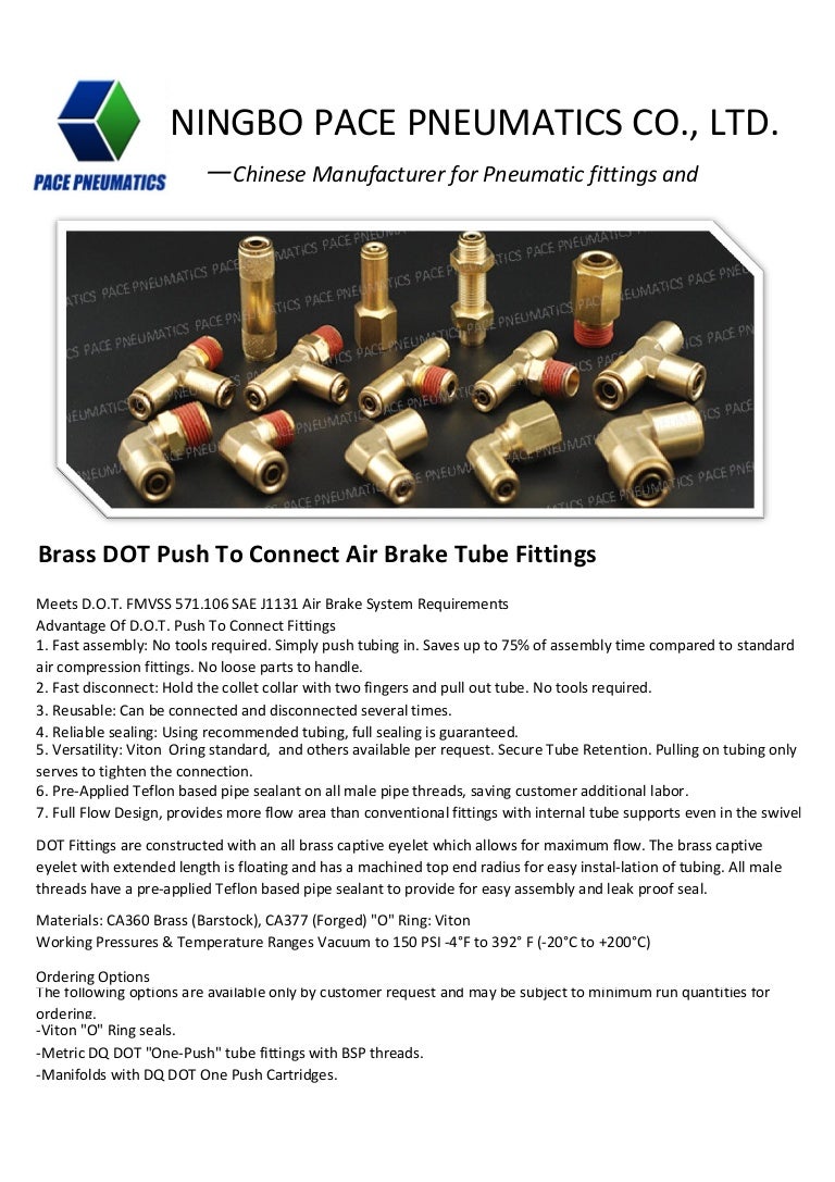 Dot push to connect air brake fittings, pneumatic fittings