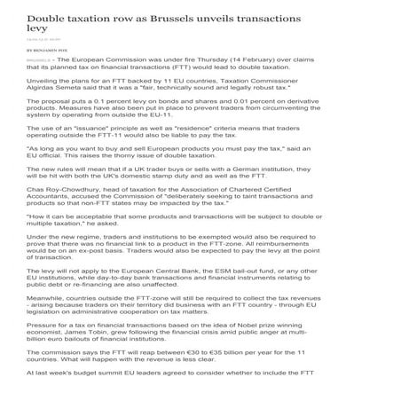 Double taxation row as brussels unveils transactions levy