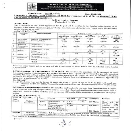 OSSC CGL Notification 2022 Released @ossc.gov.in addajobs.com
