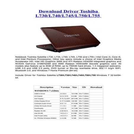 Download driver toshiba l730