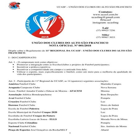 11º Regional UCASF - Regulamento Oficial