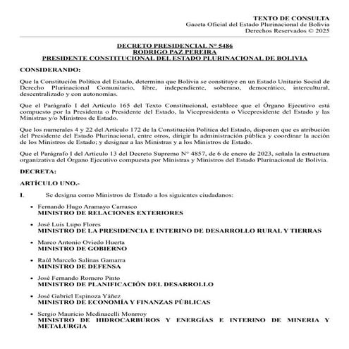 Decreto presidencial de Rodrigo Paz Pereira para la designación de su gabinet...