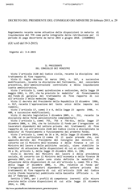 Dpcm n.29 del 20.02.15 su TFR in busta paga