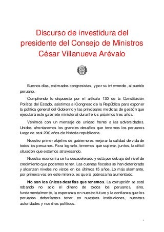 Discurso de Investidura del Premier Cesar Villanueva