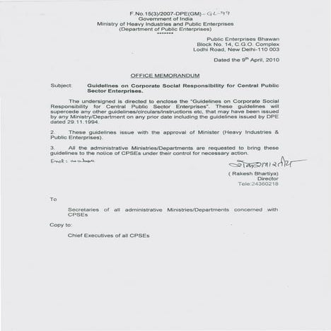 DPE guidelines on CSR for CPSE 2010