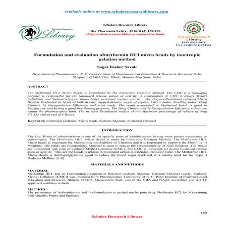 Formulation and evaluation ofmetformin HCl micro beads by ionotropic gelation...