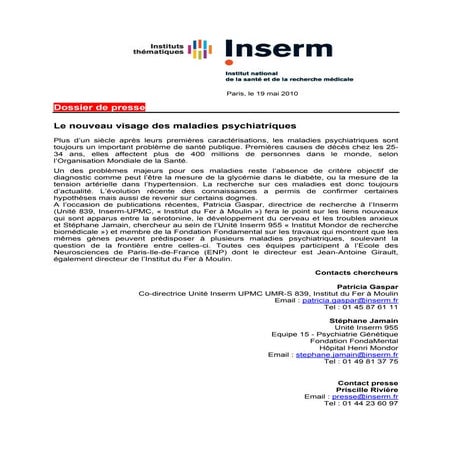 le nouveau visage des maladies psychiatriques - Inserm 19 mai 2010
