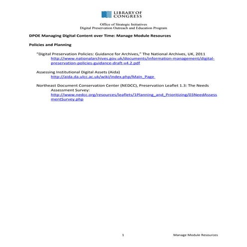 DPOE Managing Digital Content over Time: Manage Module Resources
