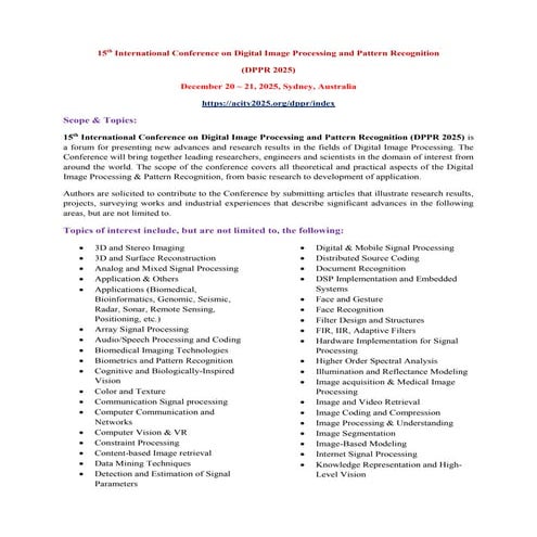 15th International Conference on Digital Image Processing and Pattern Recognition (DPPR 2025)