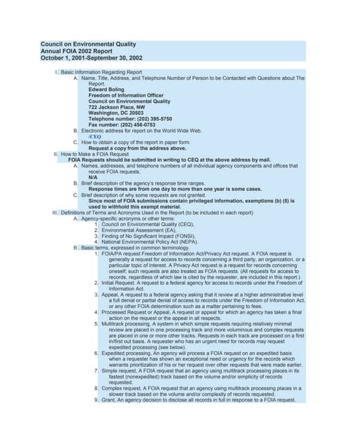 CEQ Annual FOIA 2002 Report