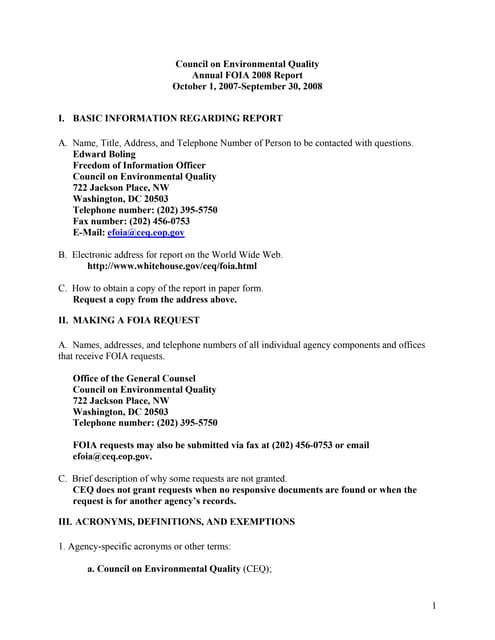 CEQ Annual FOIA 2008 Report