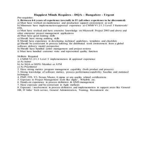 Happiest Minds Hiring - DQA - Bangalore - Urgent