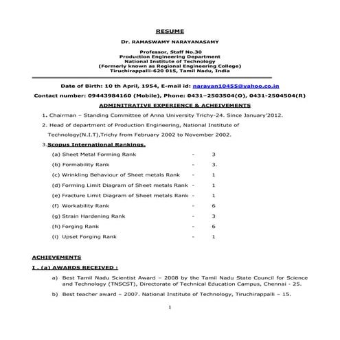 Dr.R.Narayanasamy - Bio data/resume.