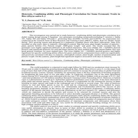 Heterosis, Combining ability and Phenotypic Correlation for Some Economic Tra...