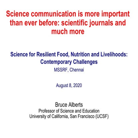 Dr. Bruce Alberts  Special Lecture, on August 8, 2020