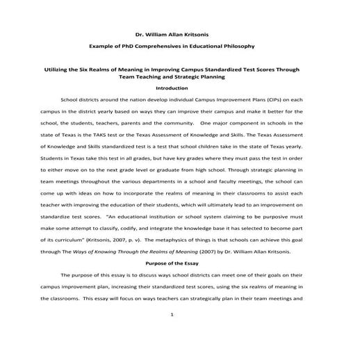 Dr. William Allan Kritsonis, Educational Philosophy