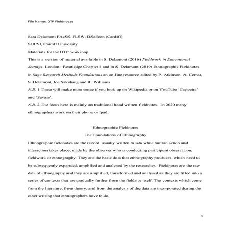 Dr Sara Delemont Fieldnotes