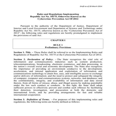 Draft Implementing Rules and Regulations (IRR) of the Cybercrime Law 