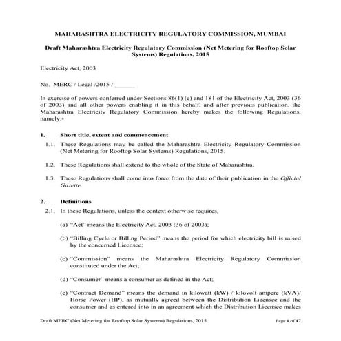 Draft MERC Net Metering for Solar Rooftop Regulations,2015