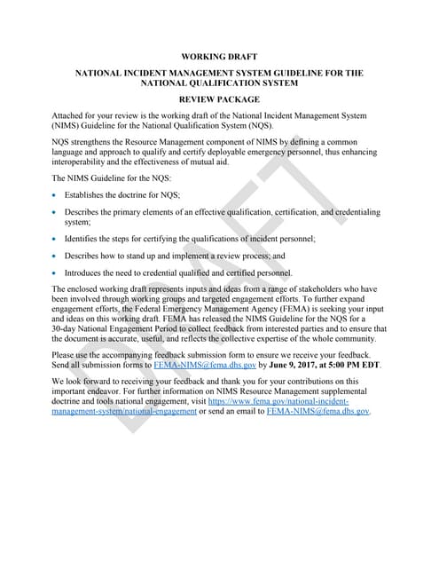 National Incident Management System (NIMS) NQS DRAFT