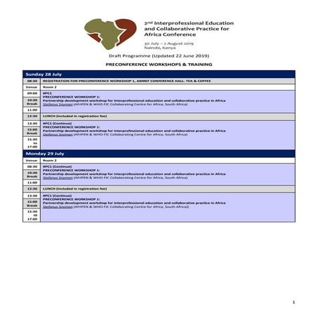 Draft programme for the Second Interprofessional Education and Collaborative Practice for Africa conference in Nairobi (30 Jul - 2 Aug 2019)