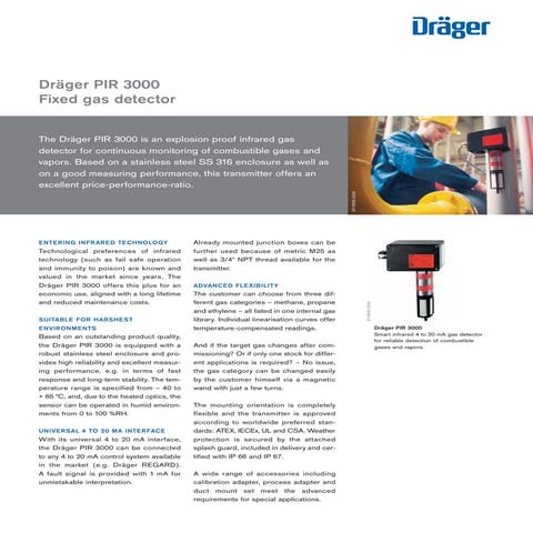 Drager PIR 3000 Fixed Gas Detector - Spec Sheet