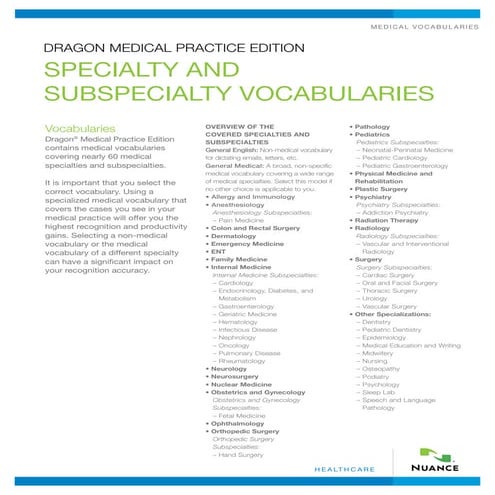 Dragon Medical Practice Edition  Speciality &amp; Subspecialty Vocabularies
