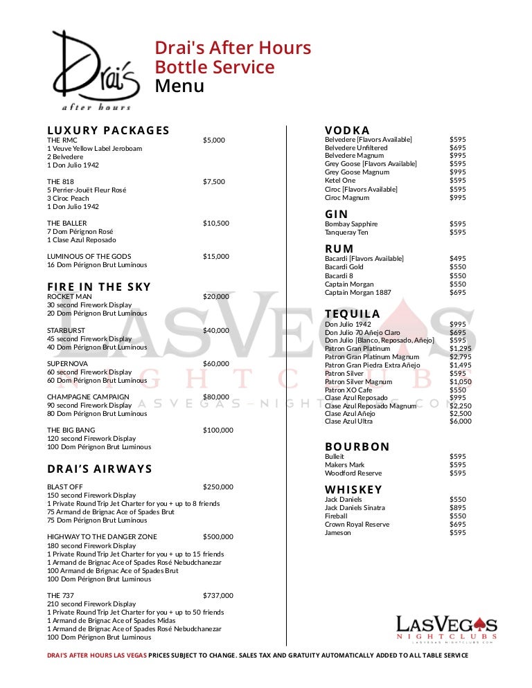 Drai's After Hours Bottle Service Menu Las Vegas