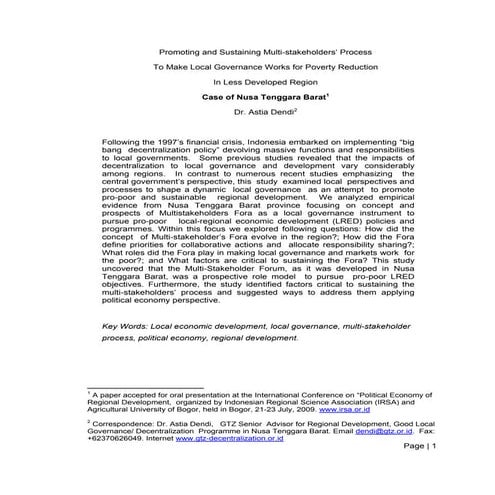 Promoting  Multi Stakeholder Process in Local Economic Governance and Develop...