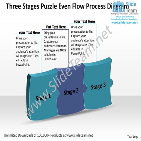 Draw flowchart three stages puzzle even process diagarm power point presentat...