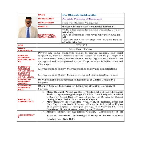 Dr Dhiresh Kulshrestha Updated CV
