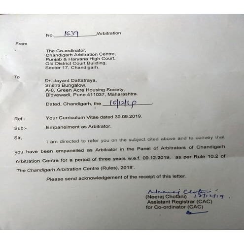 Dr j d bapat_arbitrator_punjab_haryana_high_court_registration