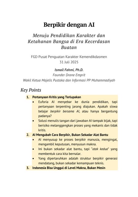 Berpikir dengan AI - Menuju Pendidikan Karakter dan Ketahanan Bangsa di Era Kecerdasan Buatan