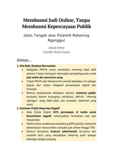 Membasmi Judi Online, Tanpa Membasmi Kepercayaan Publik -Jalan Tengah atas Polemik Rekening Nganggur