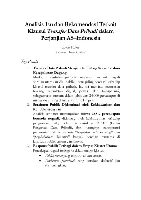 Analisis Isu dan Rekomendasi Terkait Klausul Transfer Data Pribadi dalam Perjanjian AS– Indonesia