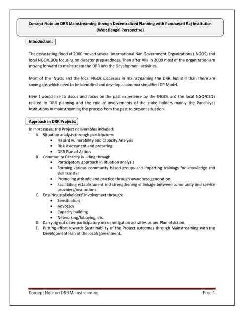 DRR mainstreaming through Decentralized Planning with Panchayati Raj Institution