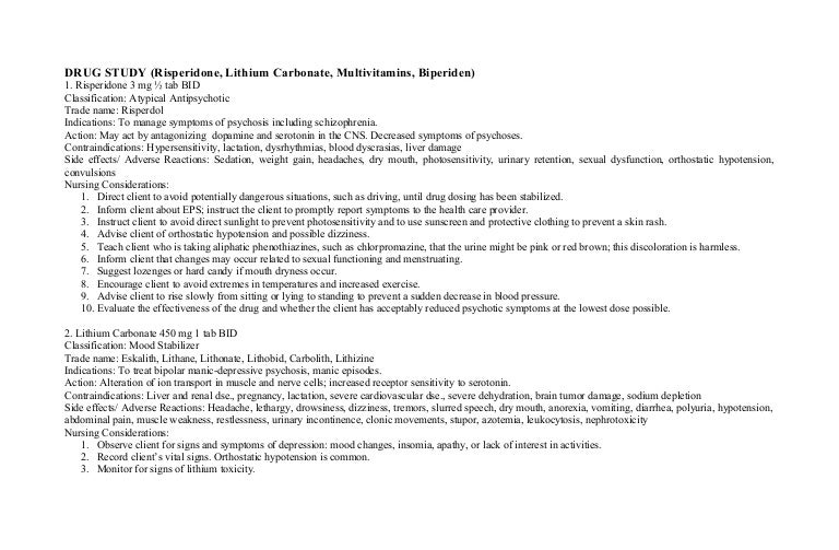 DRUG STUDY (Risperidone, Lithium Carbonate, Multivitamins, Biperiden)