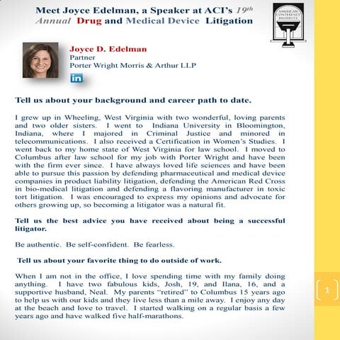 Meet Joyce Edelman, a Speaker at ACI’s 19th Annual Drug and Medical Device Litigation
