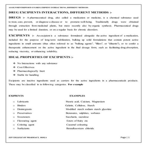 Drug excipient interaction assignment