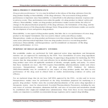 Drug product performance,relative and absolute bioavailability