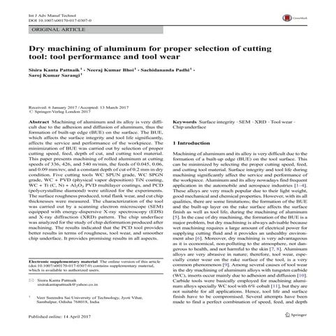 Dry machining of aluminum for proper selection of cutting tool  tool performa...